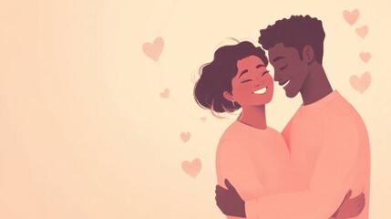 Heartwarming scene of a senior biracial couple sharing a joyful embrace, their smiles radiating happiness, with a clean and neutral background offering copy space.
