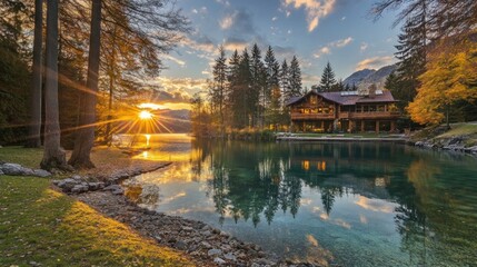 Lakeside autumn sunset with house reflection.