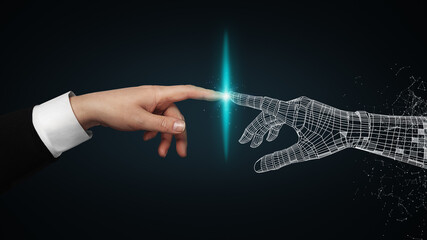 A human hand touching with digital hand. Pointing his finger with stretched finger - cyber la...
