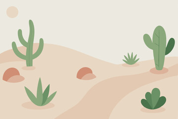 Desert Landscape Illustration Cacti, Succulents, Sand Dunes, and Sun