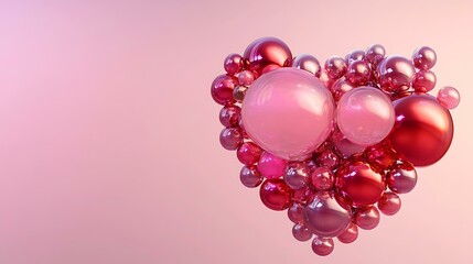 Fototapeta premium 3D render of multicolored glass spheres in pink and red, along with metallic red spheres arranged in a heart shape against a soft gradient background