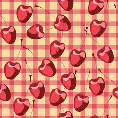 illustration of red cherries on a red-and-cream checkered background. Stylish and fresh pattern for textiles and decor