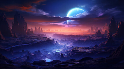 Alien Planet Sunset Landscape with Majestic Mountains