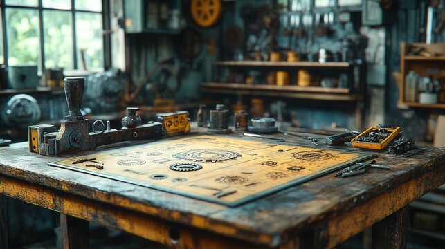 Workbench setup featuring a wrench, gears, mechanical drawing, tools for engineering, design, and innovation in a workshop environment