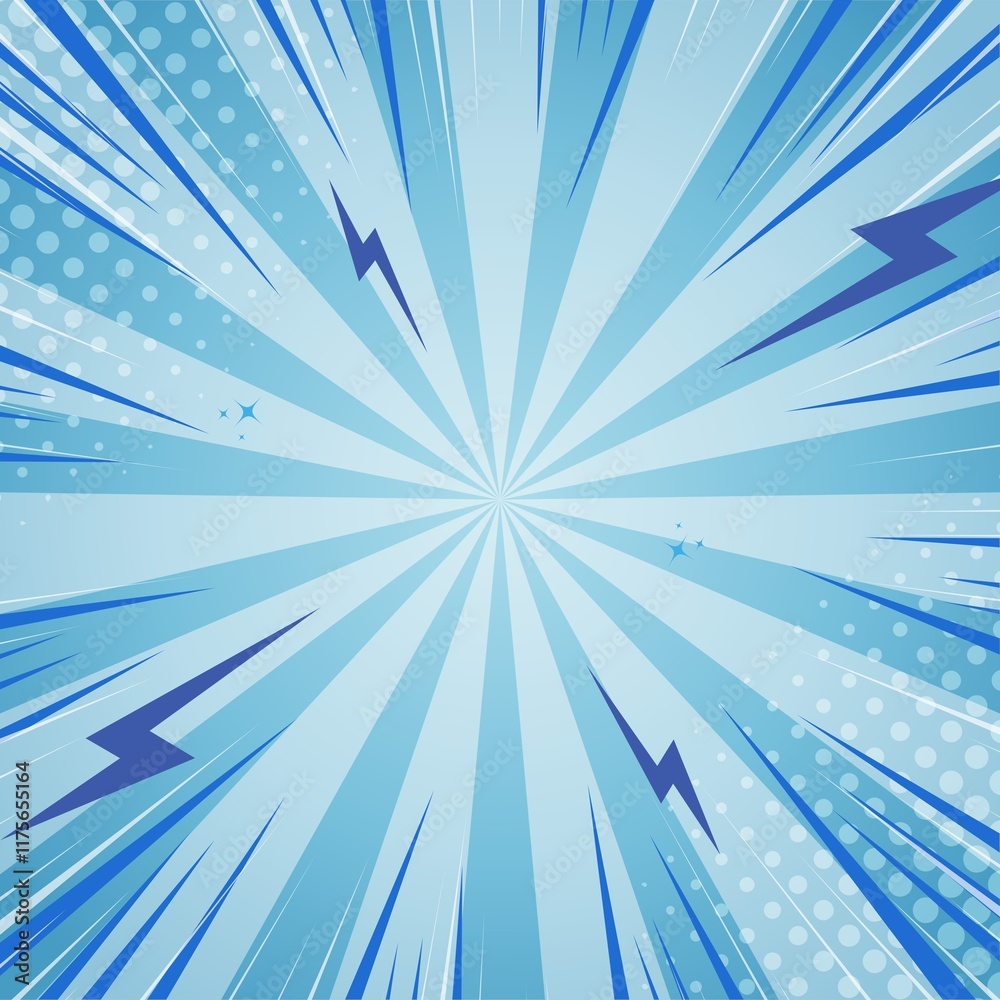Poster dynamic blue comic book background with halftone and radial speed lines. perfect for action scenes.