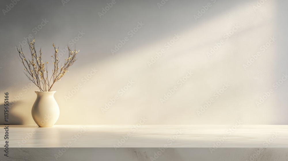 Fototapete sunlight illuminates dried flowers in a white vase placed on a white kitchen counter, creating a ser
