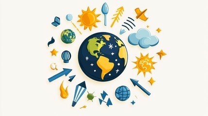 Colorful illustration of Earth surrounded by nature elements.