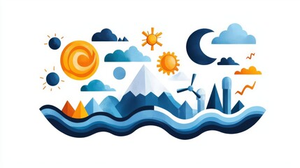 Colorful illustration of nature with sun, mountains, and ocean.