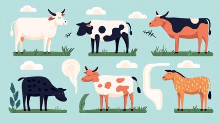 Illustration of various colorful cartoon cows in a field.