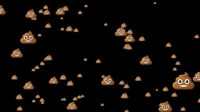 A quirky animation of flat poop emoji icons in various sizes, floating gently on a completely black background, adding humor to the scene.