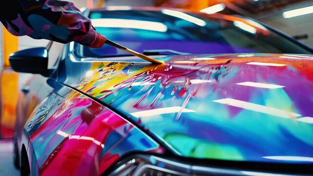 close-up of hands painting a car. Selective focus