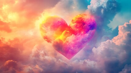 Abstract romantic scene with a bright heart formed by vibrant colors, floating amidst soft clouds in the sky