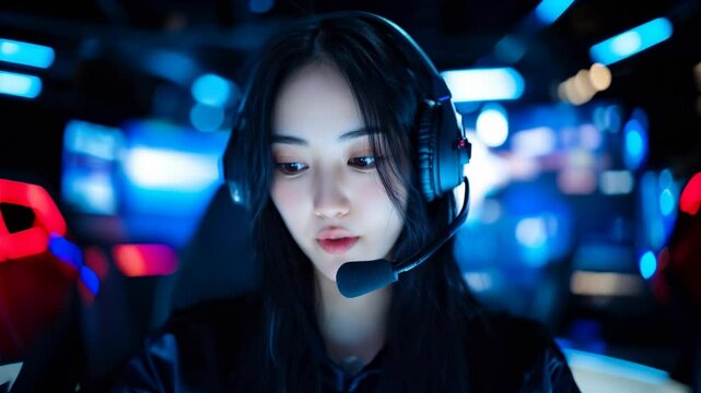 Streameuse, joueuse, gamer ou service support avec un casque et un micro en train de parler dans un bureau hi tech.
