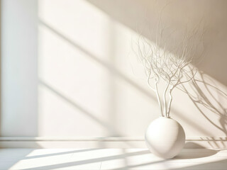 interior room with shadow from window and vase plant without leaves