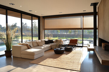 Fototapeta premium Modern Sectional Sofa Living Room With Large Windows