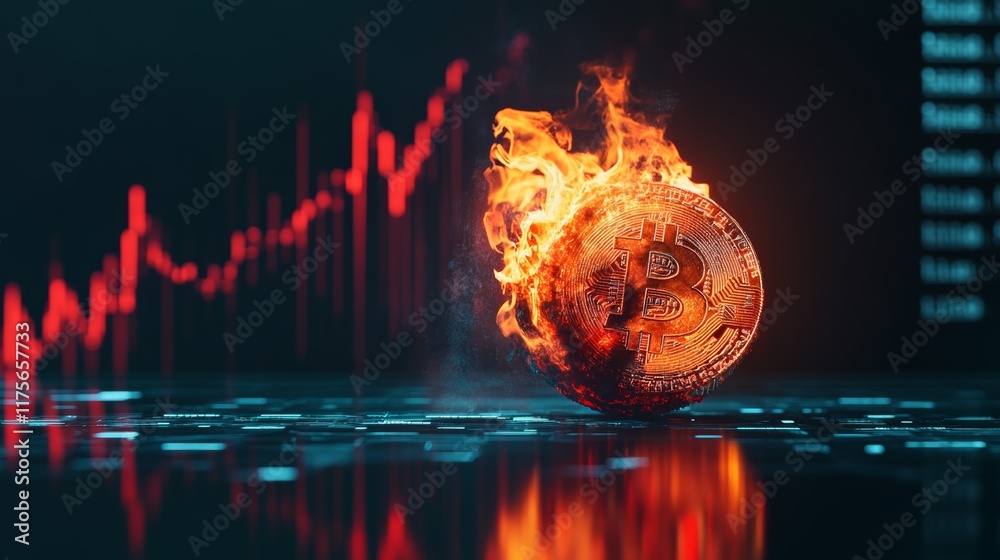 Aufkleber Bitcoin digital cryptocurrency coin burning in flames with red stock market chart showing a financial crash in the background