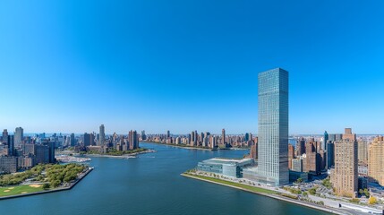 Tall skyscraper by river, sunny city view.