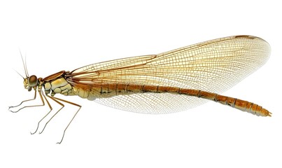 Close-up of a brown and tan damselfly isolated on white.