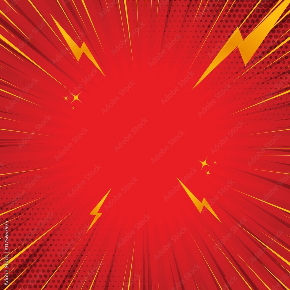 Poster Dynamic red comic book background with halftone and radial speed lines. Perfect for action scenes. 