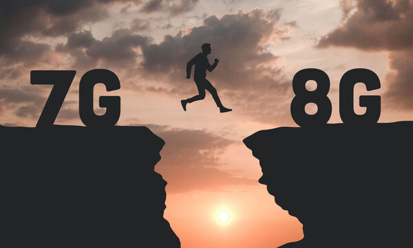 Technology transformation change from 7G to 8G, silhouette of a man jumping from 7G cliff to 8G cliff on sunny sky