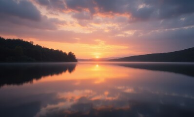 Serene sunset over tranquil lake waters