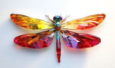 Crystal dragonfly with vibrant red and yellow wings.