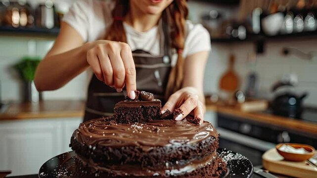 a woman is preparing a chocolate cake in the kitchen. Selective focus