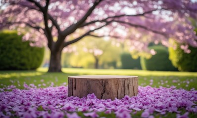 Wooden stump on pink flower petals