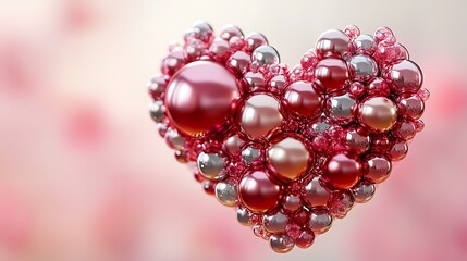 Obraz premium A shiny 3D heart made from glass and metallic spheres in vibrant red and pink tones, perfect for creating a stylish Valentine's Day design