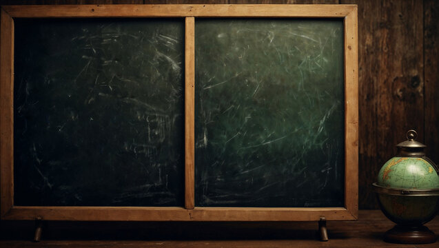 Chalkboard with written signs and numbers. Fictional retro mathematics and physics background. Study and learning idea. Science and education concept. With copy space.