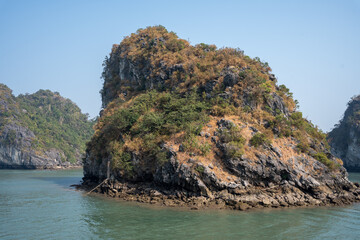 Halong Bay with limestone cliffs in the Gulf of Tonkin north of Hanoi in Halong Vietnam Asia