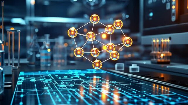 The Future of Science: A captivating image of a glowing, three-dimensional molecular structure floating above a futuristic, digital circuit board in a laboratory setting.