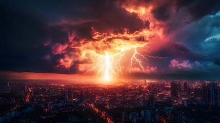 Fototapeta premium Fiery Lightning Storm Over Illuminated Cityscape
