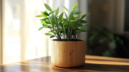 Fototapeta premium Custom-engraved bamboo plant pot, eco-friendly gift, 3D illustration.