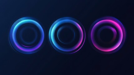 Three glowing circle shapes, blue, cyan, and pink on a dark background.