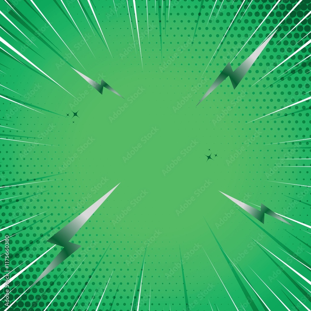 Poster dynamic green comic book background with halftone and radial speed lines. perfect for action scenes.