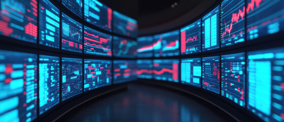 widescreen view of room filled with multiple digital screens displaying data and graphs, creating futuristic and high tech atmosphere. screens show various charts and analytics