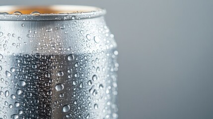 Close-up of a cold, sweating aluminum can.