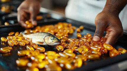 Fish Oil Supplements: A Close-Up View of Omega-3 Capsules and a Fresh Fish