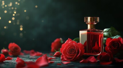 Elegant perfume bottle with red roses.