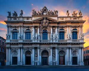 Obraz premium Sunset view of grand, ornate baroque palace with intricate stone facade, sculptures, and columns