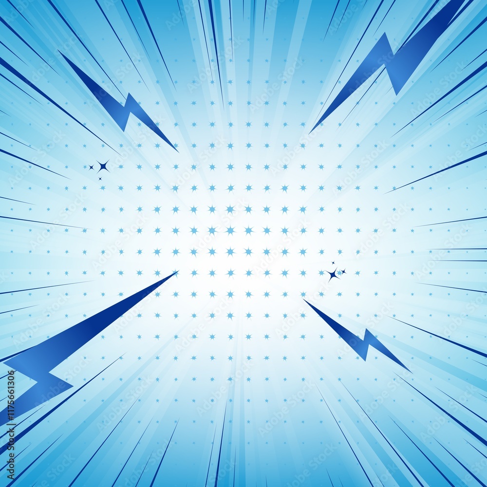 Poster dynamic blue comic book background with halftone and radial speed lines. perfect for action scenes.