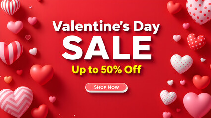 Valentine's Day Sale' with 'Up to 50% Off' in yellow, complemented by a 'Shop Now' button, creating a festive and romantic design ideal for promotions and holiday marketing.