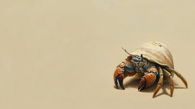 Close-up of a hermit crab in its shell on a sandy beach.