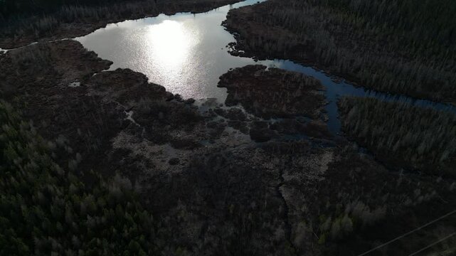 Aerial view of a serene lake surrounded by thick forests on a sunny day in Stoneham, Quebec, Canada