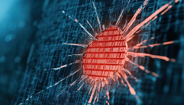 A vibrant digital explosion of binary code, showcasing a striking red burst against a dark, textured background, symbolizing data breaches or cyber threats.