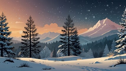 Obraz premium Winter background. Vector illustrations of landscape, winter trees, snowflake, spruce, fir, oak, bush, branches and fox for poster, cover or card