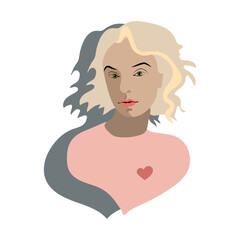 illustration of a woman’s portrait with green eyes, wavy blonde hair, and a red heart on her chest. Stylish minimalist design in soft pastel tones on a white background