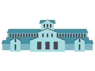 illustration of a building with arched windows and elements of classical architecture in blue and light blue tones. Minimalist design on a light background