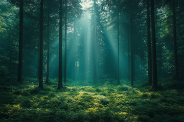 Obraz premium Sunbeams illuminate a mystical green forest